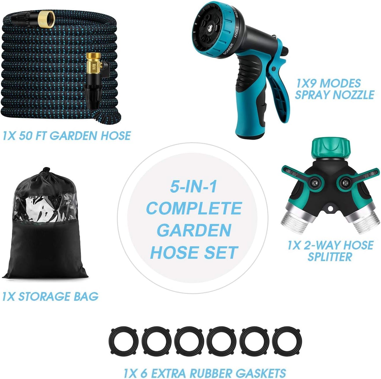 50 FT Expandable Garden Hose, Upgraded Leakproof Flexible Water Hose，With 9 Function High-Pressure Spray Nozzle and 4-Layers Flex Strong Latex, With 3/4" Hose Splitter for Watering and Washing: Home Improvement