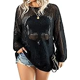 WDIRARA Women's Plus Size Skull Pattern Sheer Hollow Out See Through Long Sleeve Knit Sweater Tops
