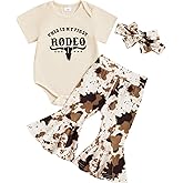 Mobbdow Newborn Baby Girl Western Outfits My First Rodeo Romper Cow Print Flared Pants Set Cowgirl Country Clothes