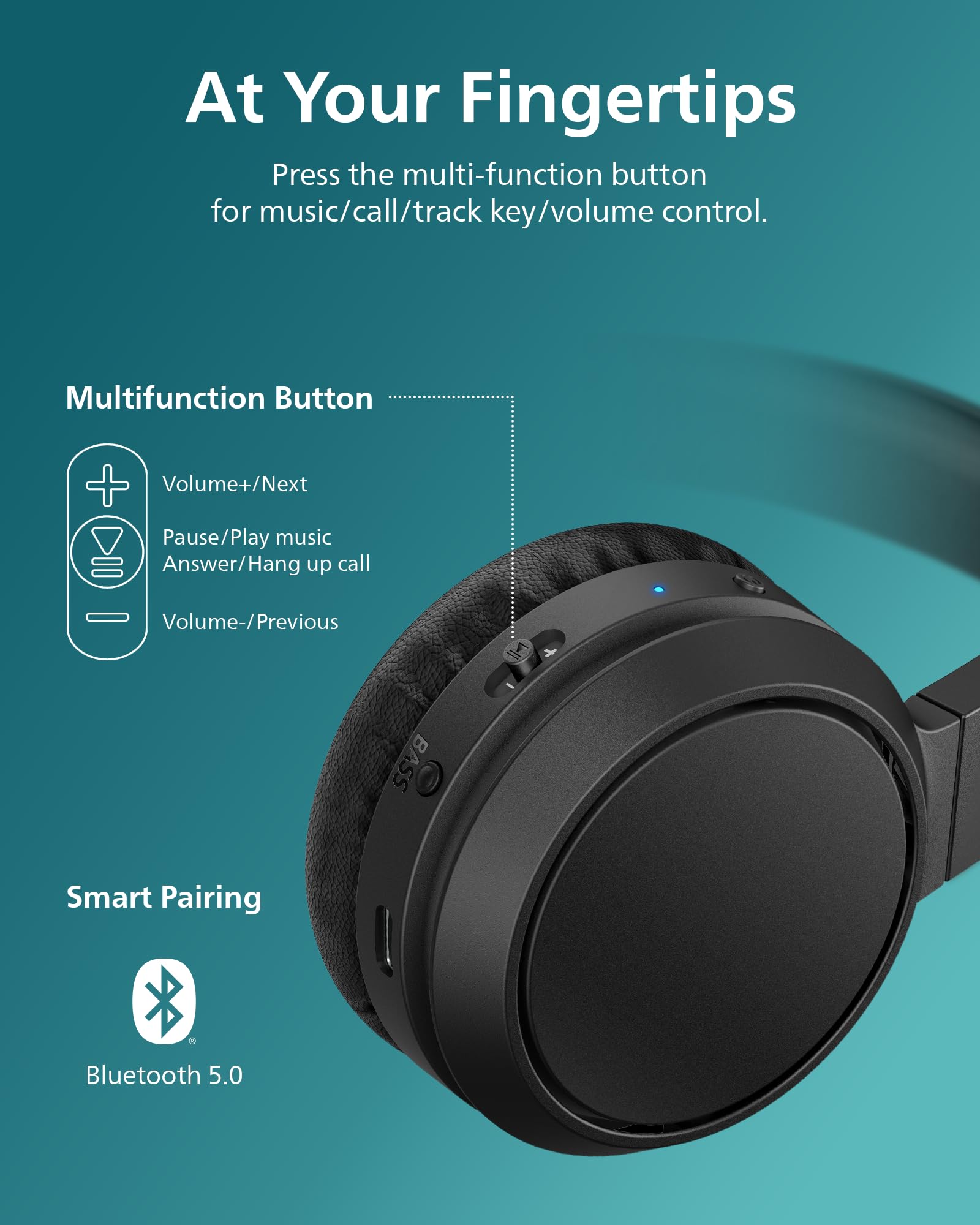 PHILIPS H4205 Wireless Headphone,On-Ear Bluetooth Headphone with BASS Boost,Quality Sound,32mm Drivers,29-Hour Battery Life,Fast Charging,Lightweight,Adjustable Cushioned Headband,Soft Ear Cups,Black