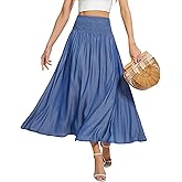 Women's Elastic High Waisted Midi Skirts with Pockets Trendy A-Line Flowy Swing Basic Skirt