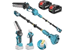 SEESII 4-in-1 Pole Saw & Pruning Shears Combo Kit, 6 Inch Mini Chainsaw for Tree Trimming, Battery Powered Chain Saw with Extension Pole, Limb Branch Cutter Pruner with 2 x 4000mAh Batteries