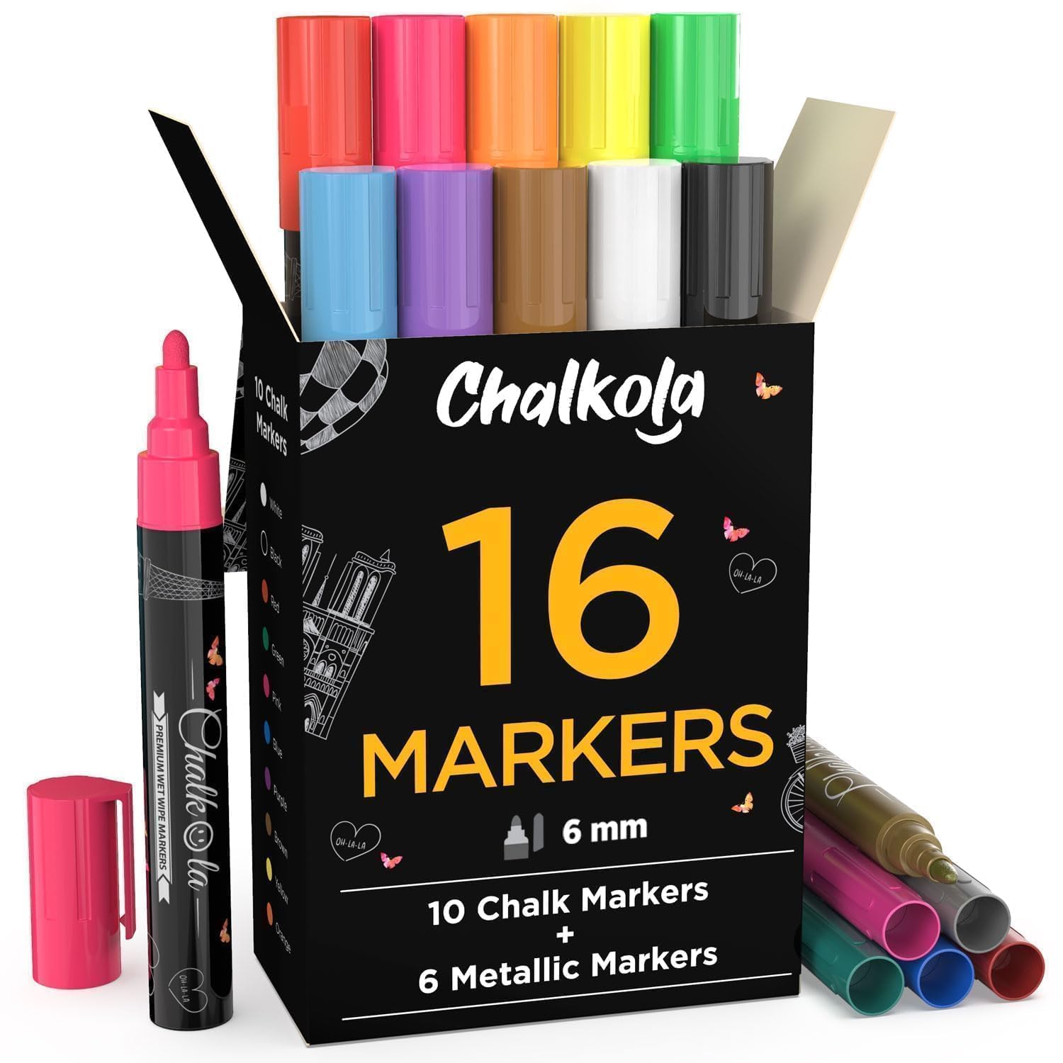 Liquid Chalk Pens & Metallic Colors - Pack of 16 Chalk Markers - for Chalkboard, Blackboards, Window, Glass, Bistro | 6mm Reversible Bullet & Chisel Tip Erasable Ink