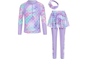 SunFocus Girls Long Sleeve Rashguard Half Zip Swimsuits UPF 50+ Two Piece Swim Sets with Hairband 5-12Y