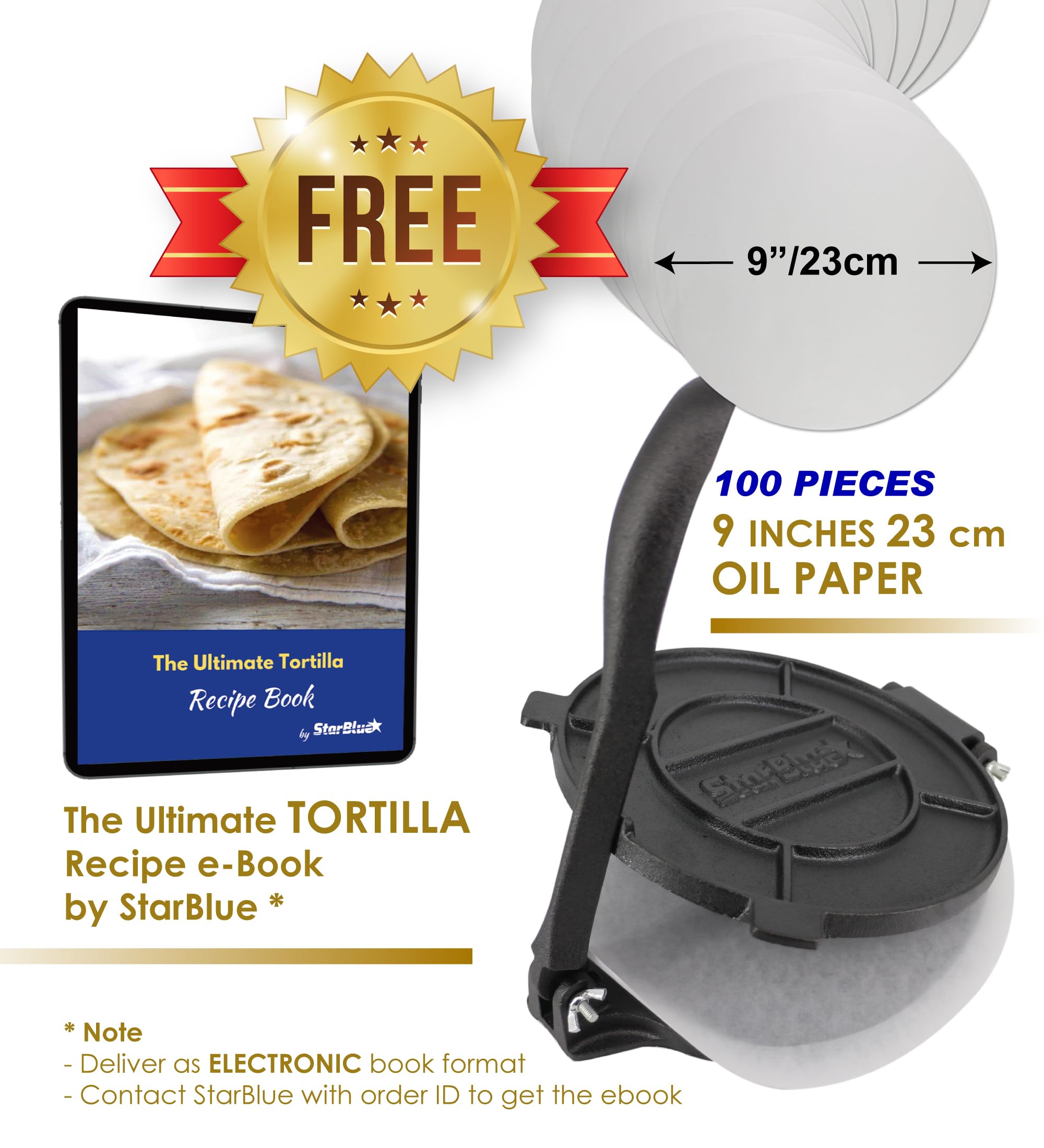 8 Inch Cast Iron Tortilla Press by StarBlue with FREE 100 Pieces Oil Paper and Recipes e-book - Tool to make Indian style Chapati, Flour Tortilla, Roti