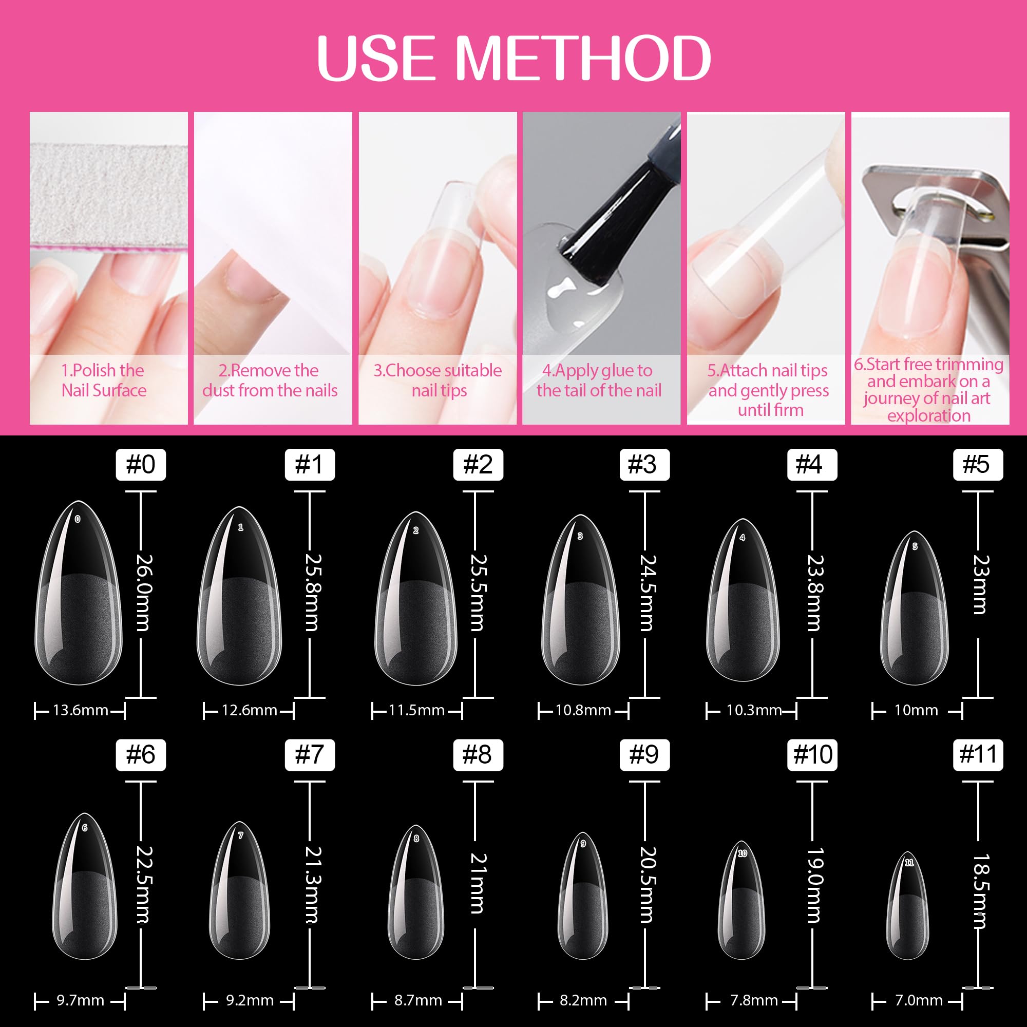 UNA GELLA Almond Gel Nail Tips, 504PCS Pre Etched Clear Fake Nails Tips Medium Almond Shape - 12 Sizes Full Cover Soft Acrylic Press On Nail Extensions No C Curve Gift for Diy at Home - Image 7