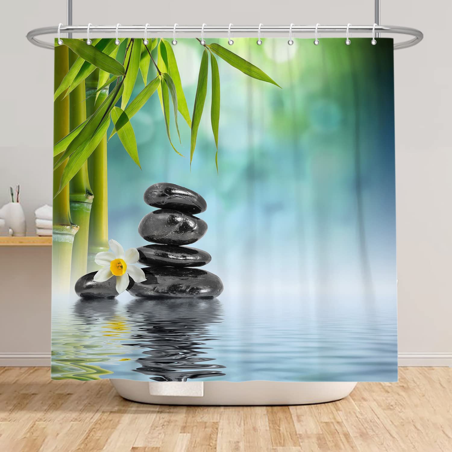 SDOTPMT 72x72inch Spa Japanese Theme Shower Curtain Green Bamboo Leaves Orchid Basalt Stones Bath Curtain Zen Meditation Bathtub Curtain for Bathroom Decor Fabric Polyester with Hooks