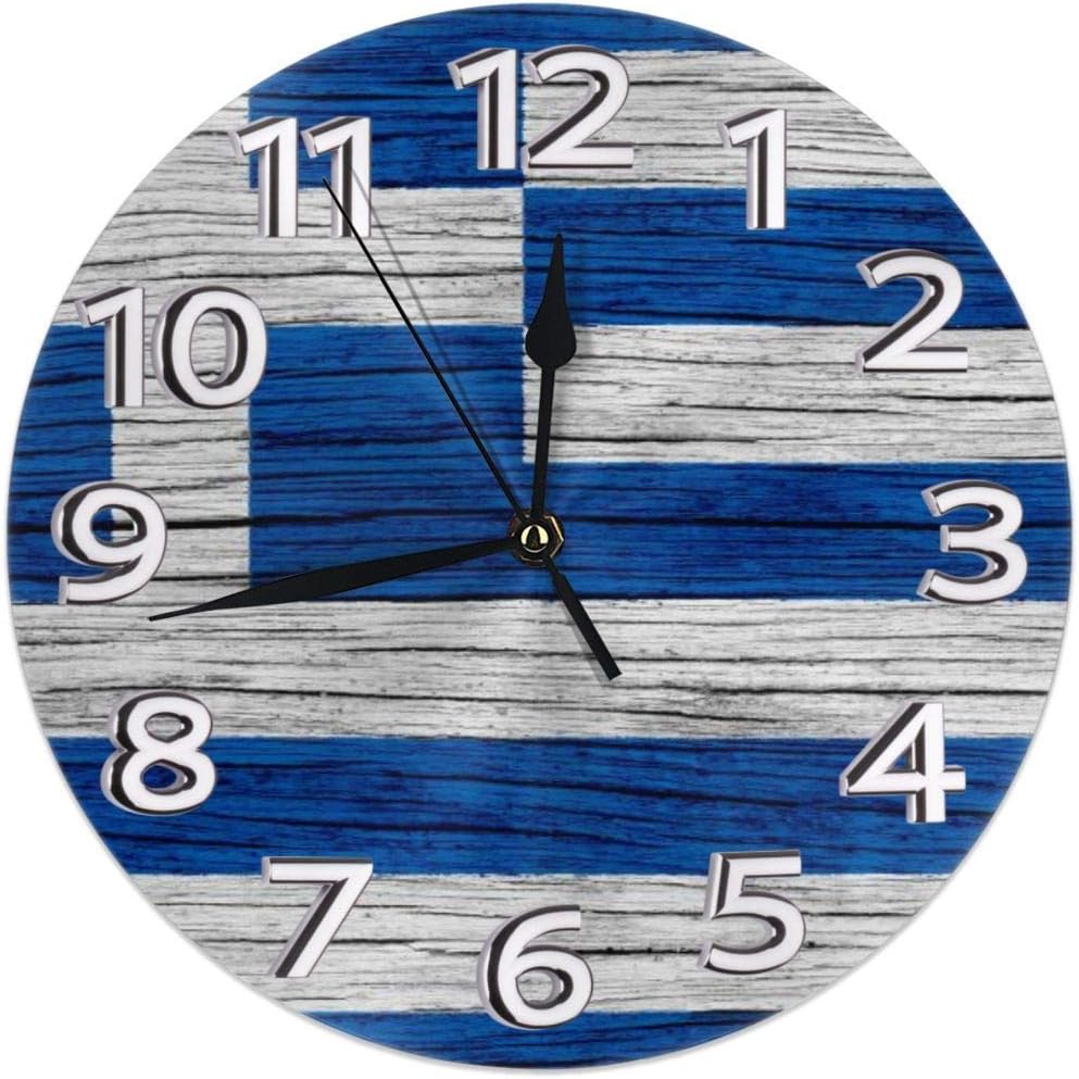 Bunkert Greece Wooden Texture Greek Flag Themed Printed Pattern Design Wall Clock Home Desk Art Bedroom Decor Decorations Non-Ticking
