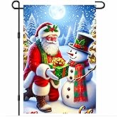 BlissYard Christmas Garden Flag 12x18 Inch Santa and Snowman Welcome Holiday Outdoor Flag Double Sided Christmas Yard Banner with Gift Tree and Full Moon for Porch Lawn Winter Patio
