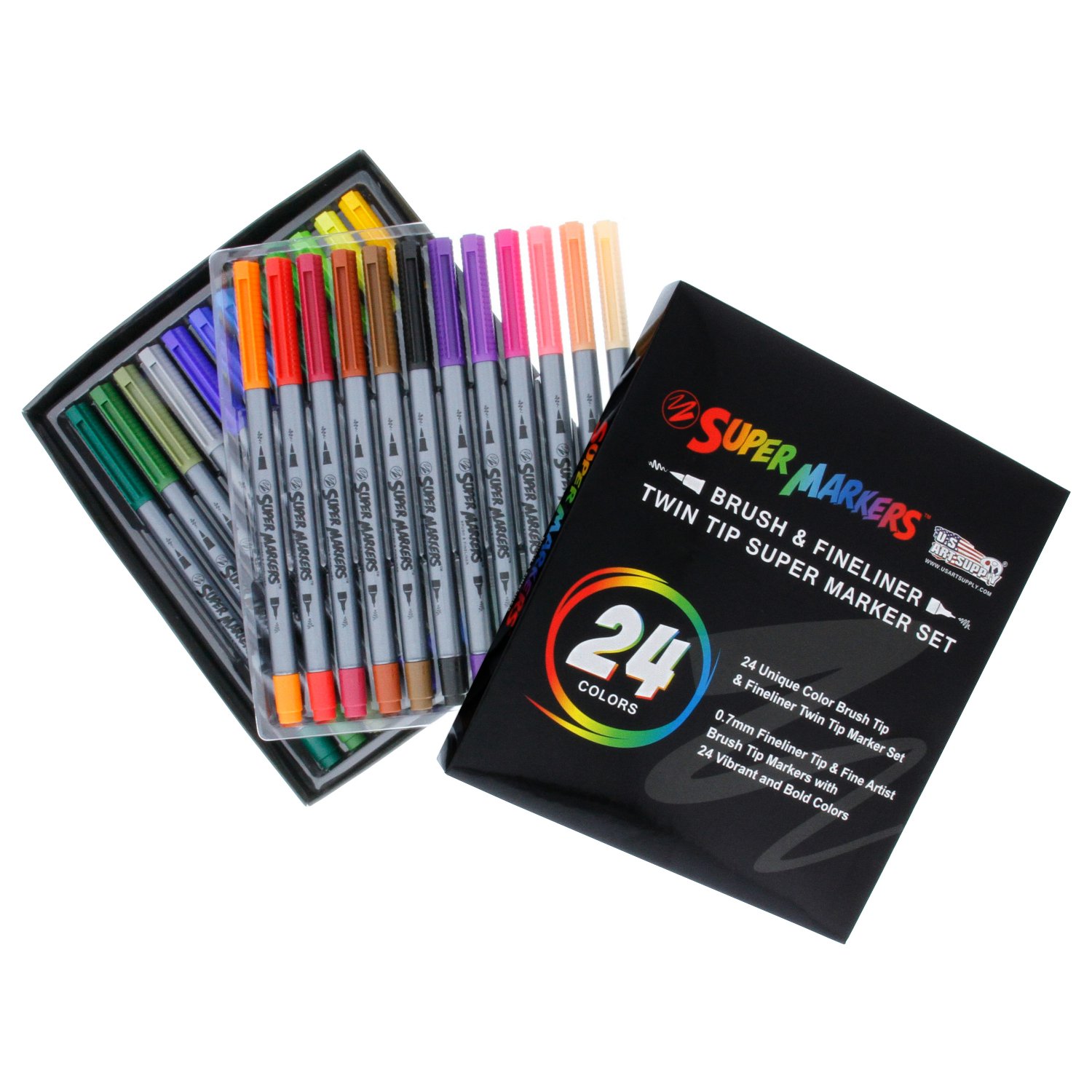 Super Markers 24 Color Brush Tip Fineliner Twin Tip Marker Set 0.7mm