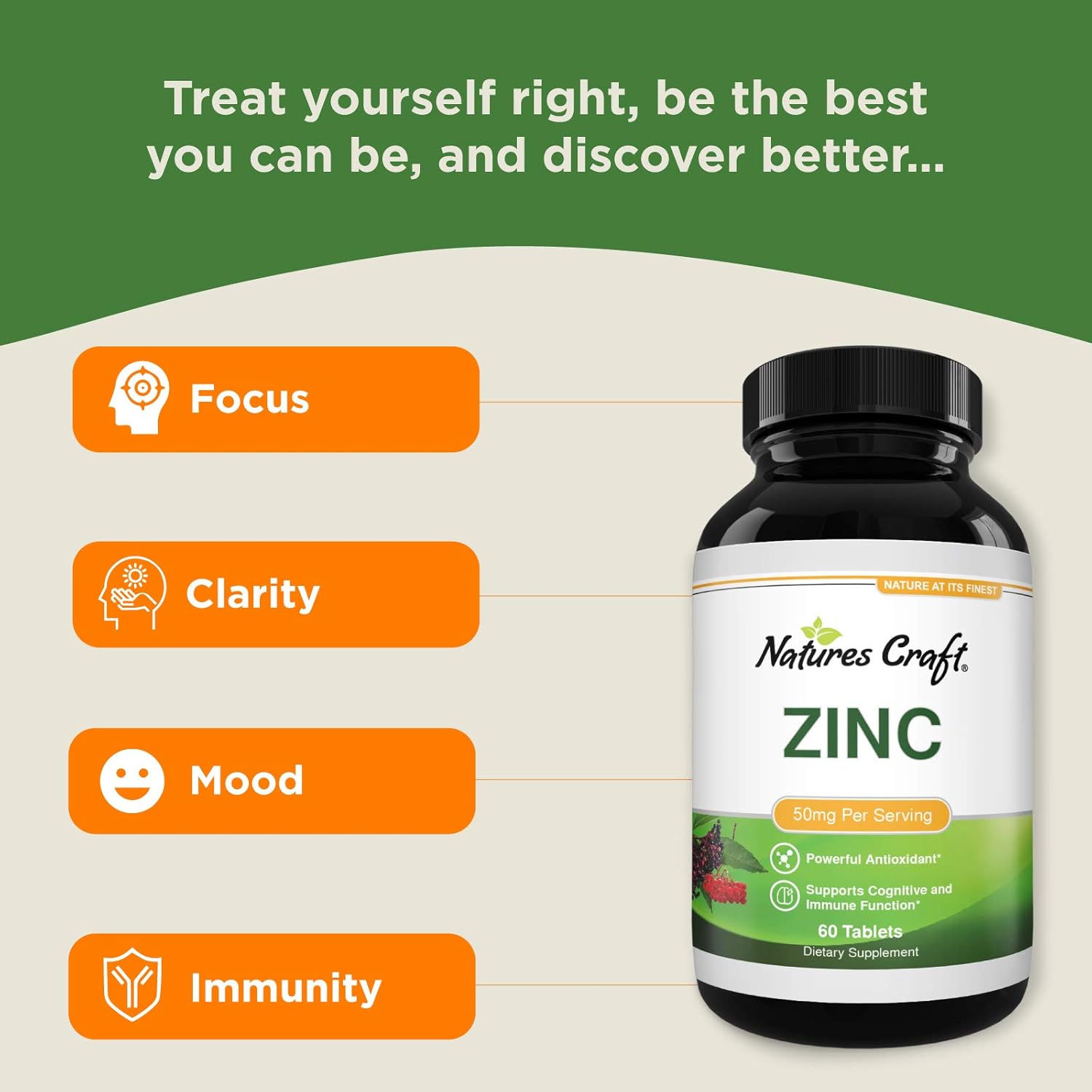 Pure Zinc Supplement 50 mg - Zinc Immune System Booster and Natural Zinc Supplement for Mood Boost Heart Health Brain Support with Hair Skin and Nails Vitamins - Zinc 50mg Immune Support Supplement: Health & Personal Care