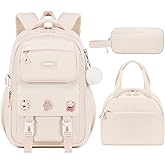 3PCS Backpack for Girls Fits 15.6 Inch Kids Backpack with Lunch Box,Pencil Pouch Set,Waterproof Bookbag School Bags for Teens Girls Elementary Students,Beige