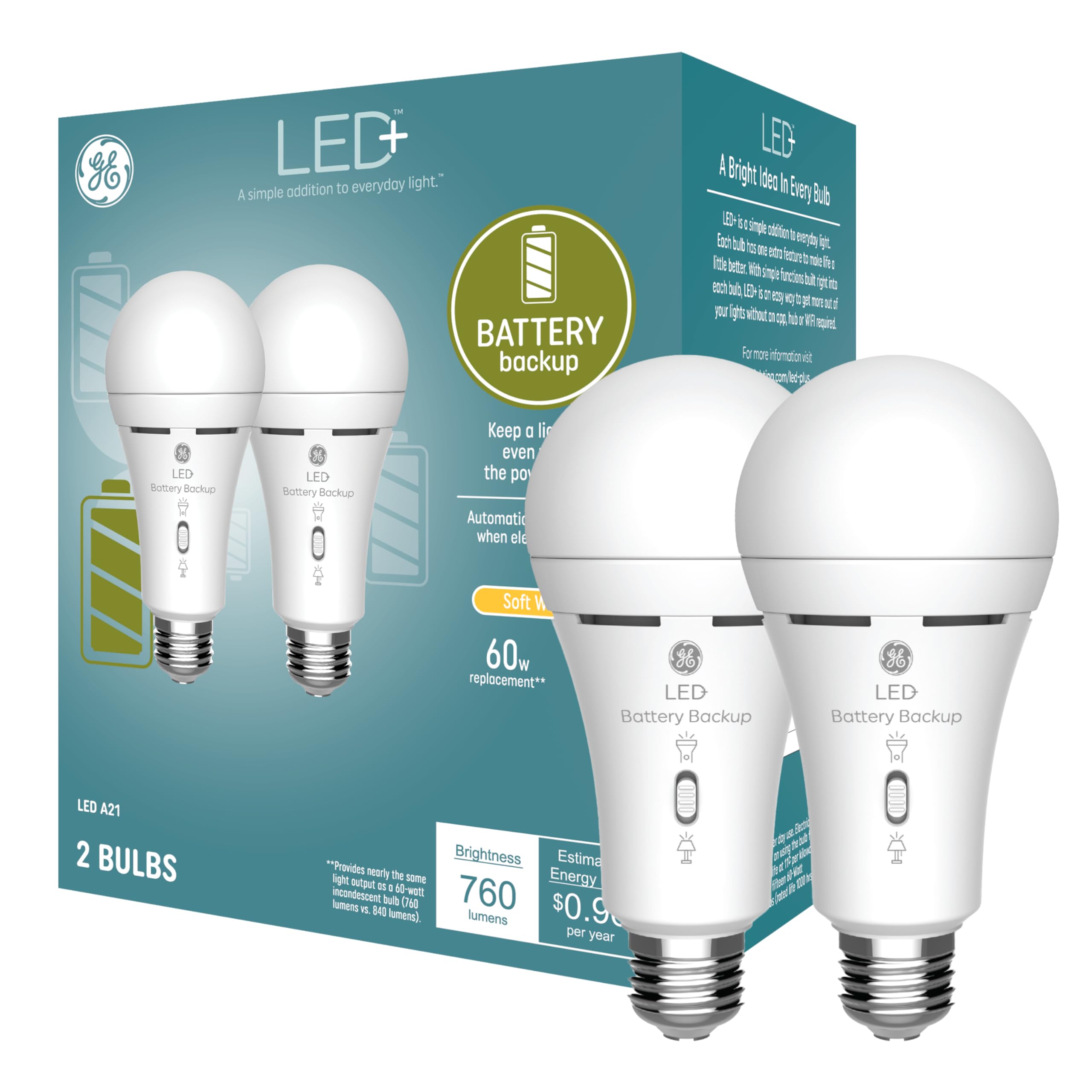 Photo 1 of GE LED+ Backup Battery LED Light Bulbs, 8W, Rechargeable Emergency Light for Power Outages + Flashlight, Soft White, A21 (2 Pack)