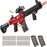 Qudify Red Electric Automatic Foam Dart Blaster Toy with Shell Ejection | 0 Darts, 2 Magazines, 16 Ejecting Shells, Built-in Rechargeable Stock Battery, 13m Range, Goggles Included