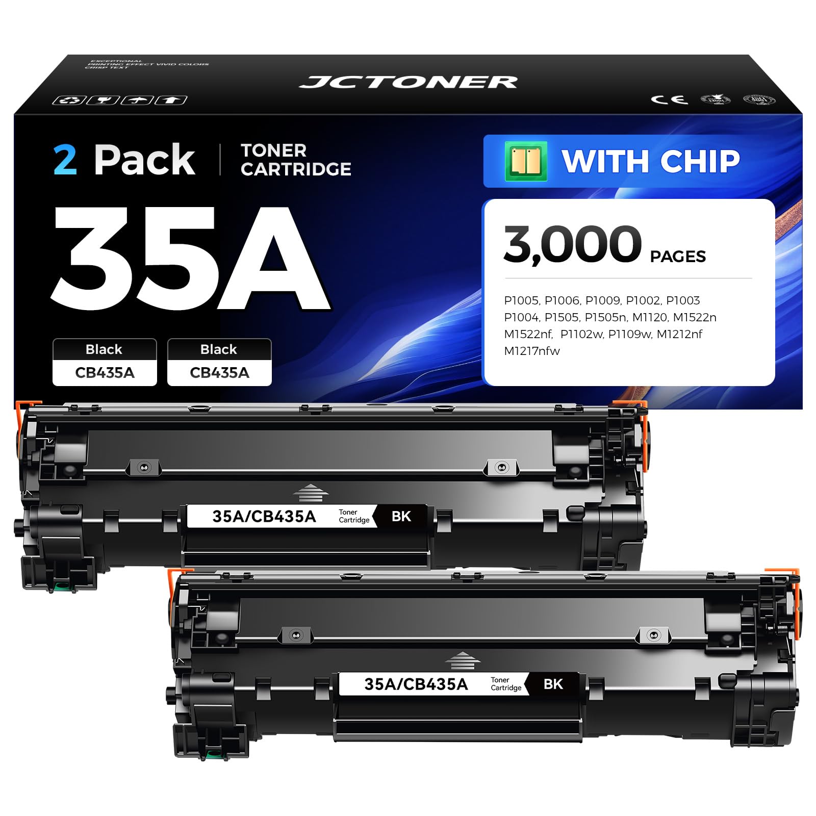 Photo 1 of 35A Black Toner Cartridge 2-Pack Replacement for HP 35A CB435A Works with LaserJet P1005 P1006 P1009 P1002 P1003 P1004 M1120 M1522n M1522nf P1505 P1505n P1102w P1109w Pro MFP M1212nf M1217nfw Printer