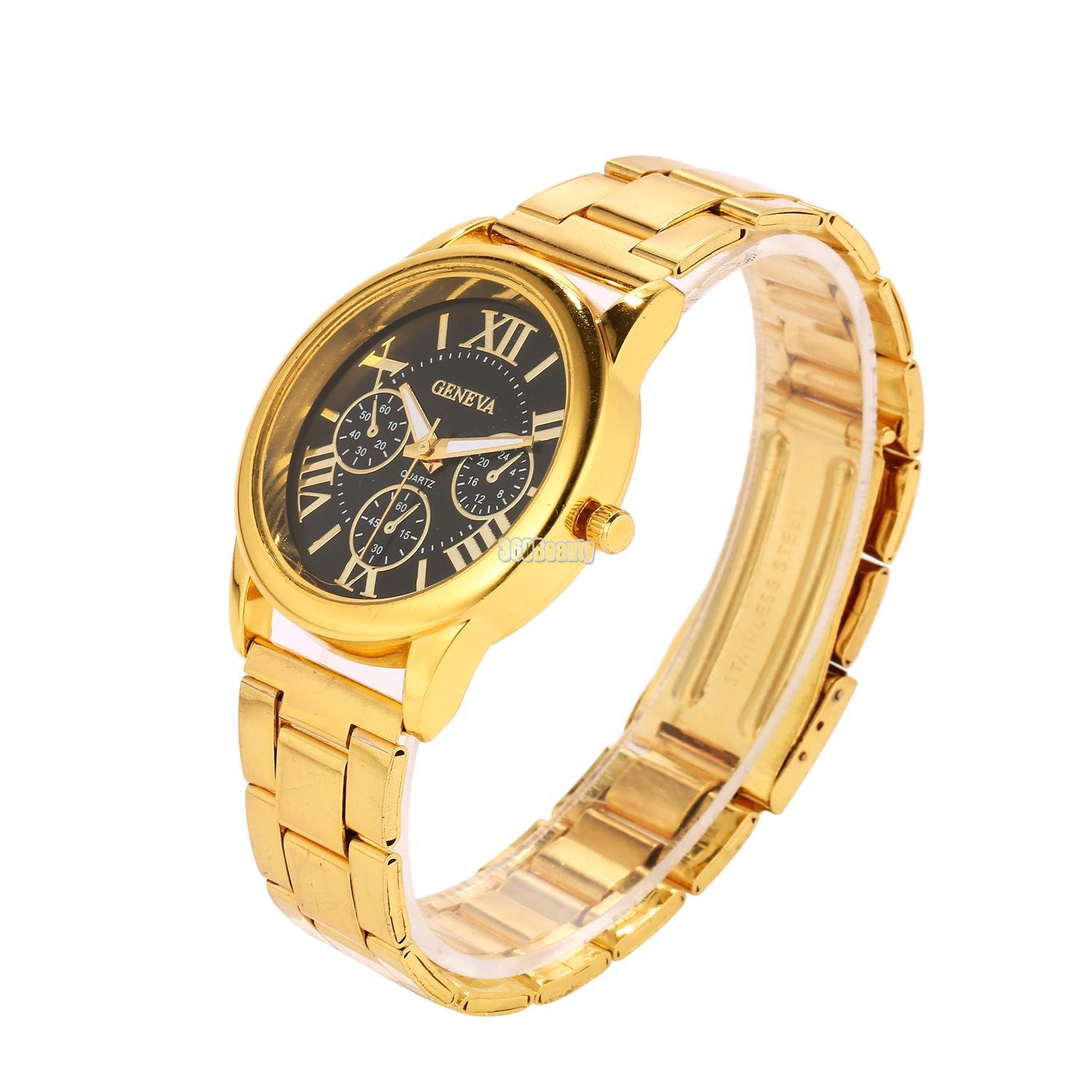 Onbio Men Geneva Steel Band Watch False Three Eyes Fashion Casual Round Quartz Watch