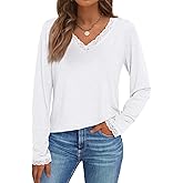 AUTOMET V Neck T Shirts for Women Lace Long Sleeve Cute Tops Fall Winter Dressy Business Casual Blouses Trendy Basic Tees