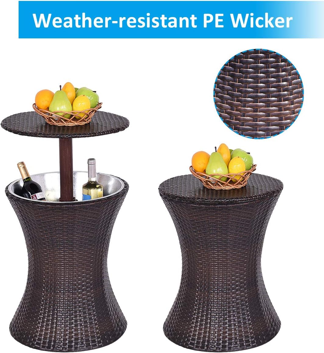 Giantex Outdoor Cool Bar Rattan Style Patio Cool Bar Table Adjustable Height Cocktail Coffee Table for Party Deck Pool Use, Brown: Kitchen & Dining