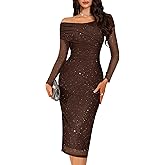 BeryLove Womens Sparkly Off Shoulder Formal Wedding Guest 2026 Cocktail Mesh Sequin Dress