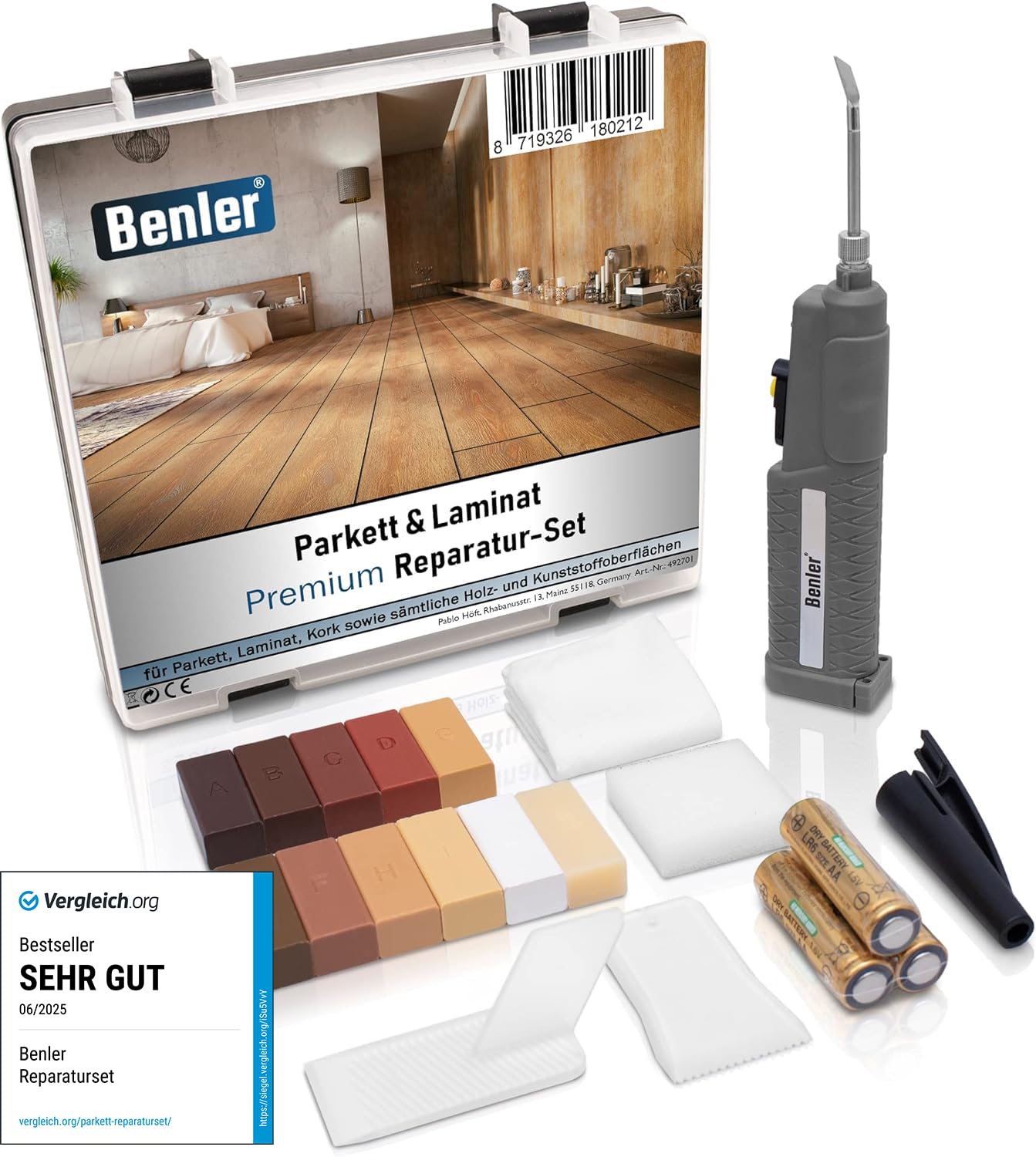 BENLER New! Wooden Repair kit with 2 in 1 Wax Melter for Laminate, parquet and Vinyl Repair kit, Also Suitable for PVC and Plastic, 19 Piece Laminate Repair kit (Wood Repair Set).