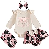 Kayotuas Western Baby Girl Clothes Newborn Cowgirl Outfit My First Rodeo Romper Cow Print Bloomer Shorts Headband Socks Set
