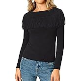 WLLW Women's Fringe Tops Juniors Boat Neck Sweater Long Sleeve Pullover Sweater Slim Fit Off Shoulder Sweaters