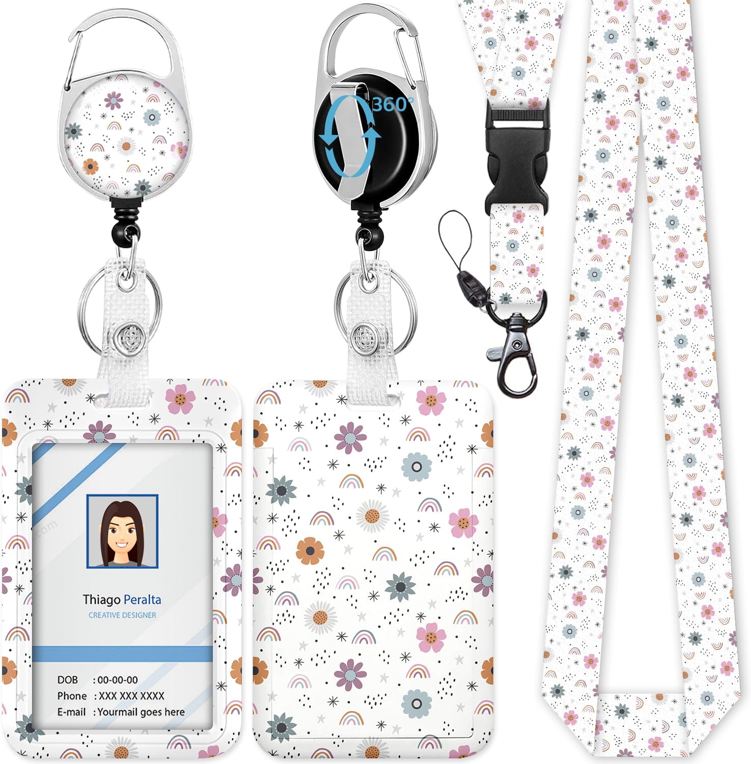 ID Badge Holder with Lanyard, Cute Flower Badge Holders Reels with Detachable Lanyards, Rainbow Work Card Retractable Keychain Vertical ID Card for Nurse Students Teachers Office Staff