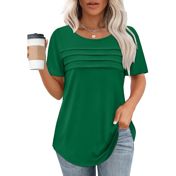 thumbnail image 2 of VISLILY Womens Plus Size Summer Tops Trendy Henley V Neck T Shirts Flowy Pleated Tunics Short Sleeve Buttons Up Blouses 2 of 10