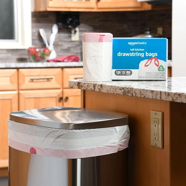 AMAZON BASICS 13 GALLON TALL KITCHEN DRAWSTRING TRASH BAGS, UNSCENTED, 10% POST CONSUMER RECYCLED, 120 COUNT, WHITE
