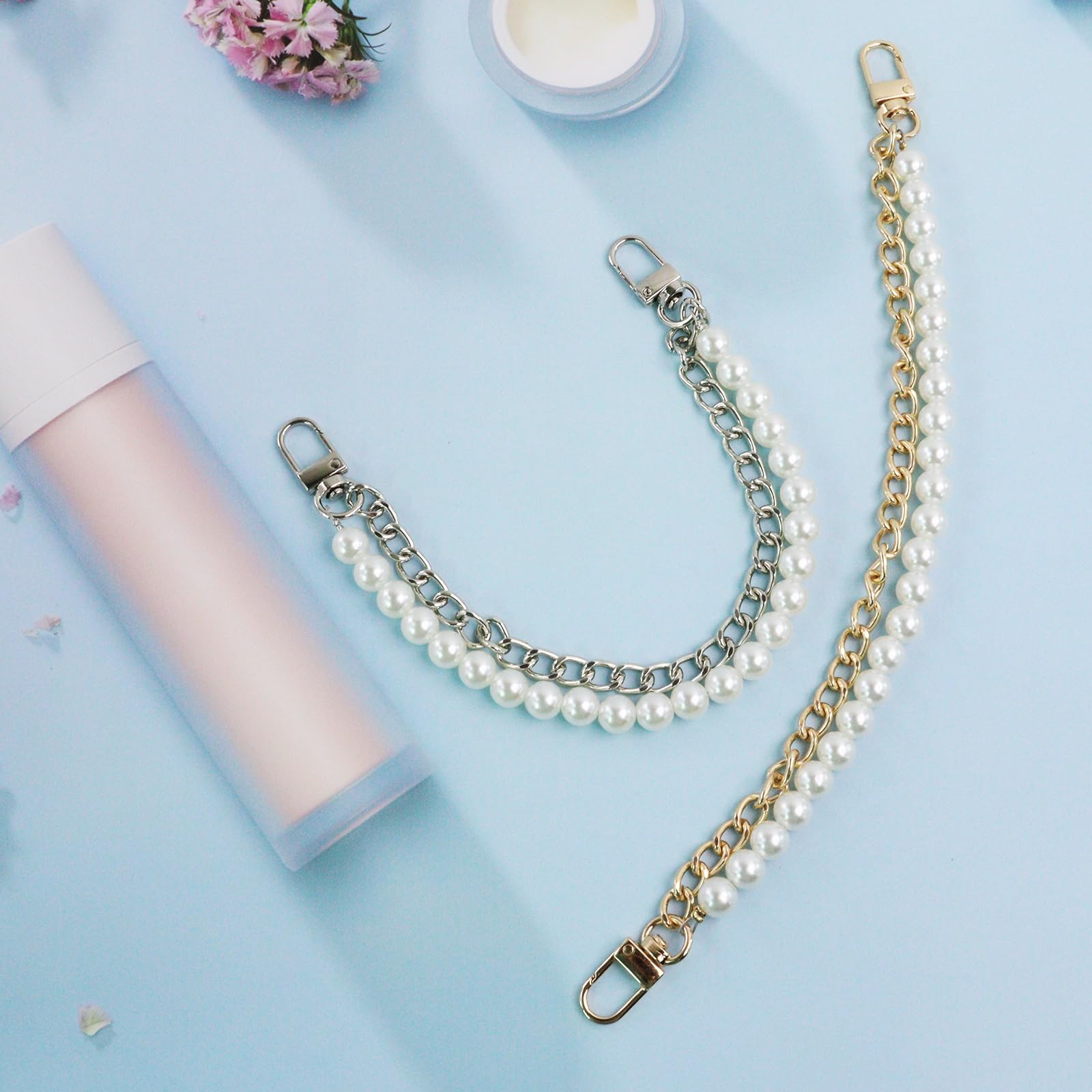 GAQWOK 2 Pcs Pearl Purse Chain Handbag Straps, Metal Shoulder Crossbody Bags Short Handle Replacement Bag Charm Chain, Purse Charms for Handbags(Gold and Silver)