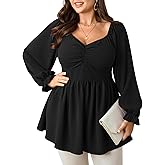 SCOMCHIC Women Plus Size Peplum Tops Long Sleeve Blouse Ruched Sweetheart Neckline Smocked Babydoll Flowy Top