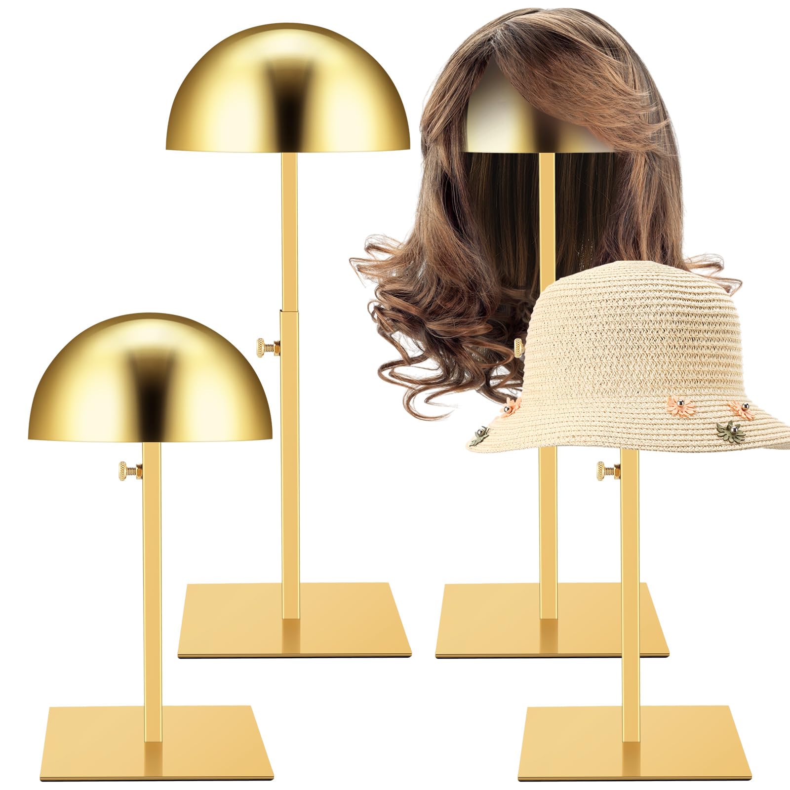 Photo 1 of Sintuff 4 Pcs Hat Display Stand 7.9-15.7inch Adjustable Wigs Head Holder Stand Anti Rust Non Slip Stable Stainless Steel Metal Rack for Hat Storage Wig Styling Practice(Gold,Square Base)