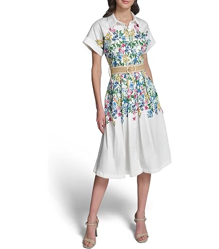 KARL LAGERFELD Paris Women's Puff Sleeve Dress with Floral Sleeve Embroidery and Rosette Belt, Soft White, 2 at Amazon Women's Clothing store