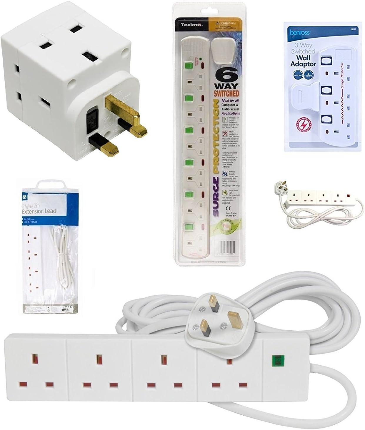 Buyersbargin® UK 3 4 6 Way Switched Gang 2m 5m 10m mains Extension Lead Cable ( Surge Protected with button ) UK SELLER made by Buyersbargin Limited. (2 Way Plug)