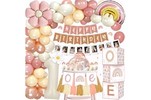 First Birthday Decorations for Girl, Boho Pink 1st Decor Balloons, Happy Birthday Banner, Rainbow Garland, Cake Topper, Month