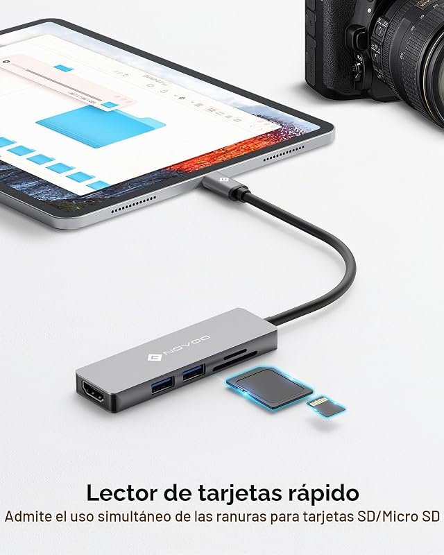Adaptador NOVOO USB C Hub 5 em 1 Multiportas com HDMI 4K, 2 portas USB 3.0, leitor de cartões SD / TF para MacBook Pro 2019/2018, iMac 2017, Huawei MateBook, Google Chromebook Pixel e muito mais