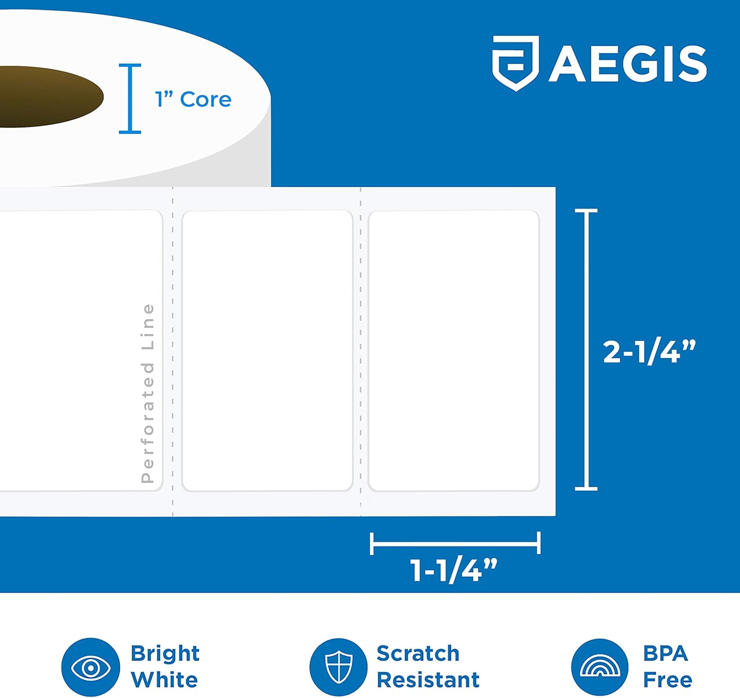 Aegis Adhesives - 2 ¼” X 1 ¼” Direct Thermal Labels for UPC Barcodes, Address, Perforated & Compatible with Rollo Label Printer & Zebra Desktop Printers (12 Rolls, 1000/Roll) : Office Products