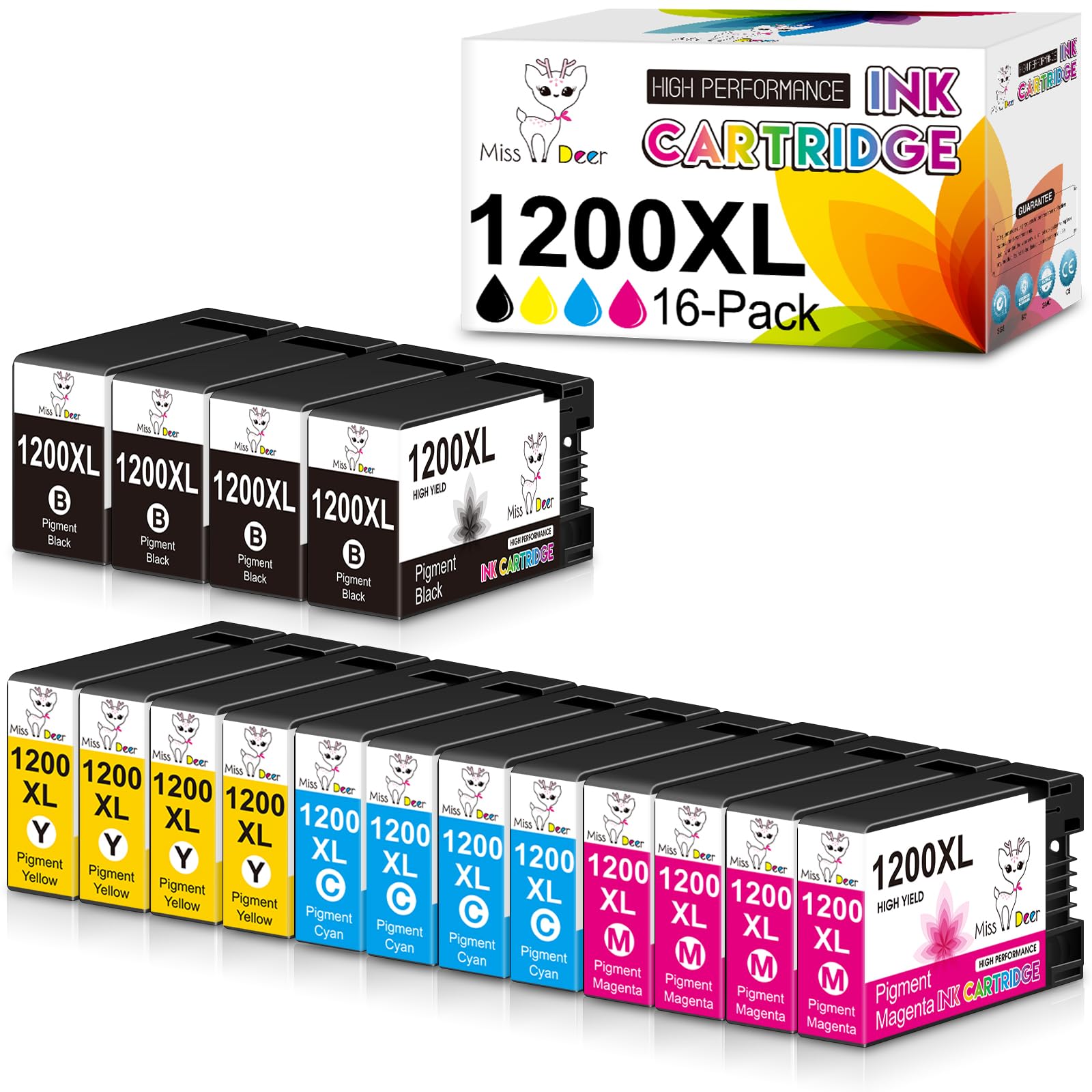 Photo 1 of 16-Pack Maxify 1200 Ink Cartridges, MS DEER Compatible Replacement for Canon 1200XL PGI1200 XL XL1200 for MB2720 MB2120 MB2020 MB2050 MB2320 MB 2720 2120 Printer (4 Black, 4 Cyan, 4 Magenta, 4 Yellow)