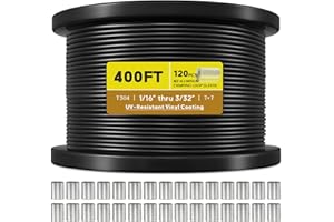 KALLSDAY KALLSDY Vinyl Coated Wire Rope 1/16 Inch Overmolded to 3/32 Inch, 400FT 304 Stainless Steel Cable with 120 Pcs Crimping Sleeves for String Light Hanging Kit, Clotheslines and Trellis Wire