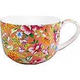 PMNING 25 Ounce Soup Bowls with Handles Bone China Soup Mug with Handles Flora Soup Cup Large Soup Bowl for Coffee Cereal Oatmeal Latte (Pink)