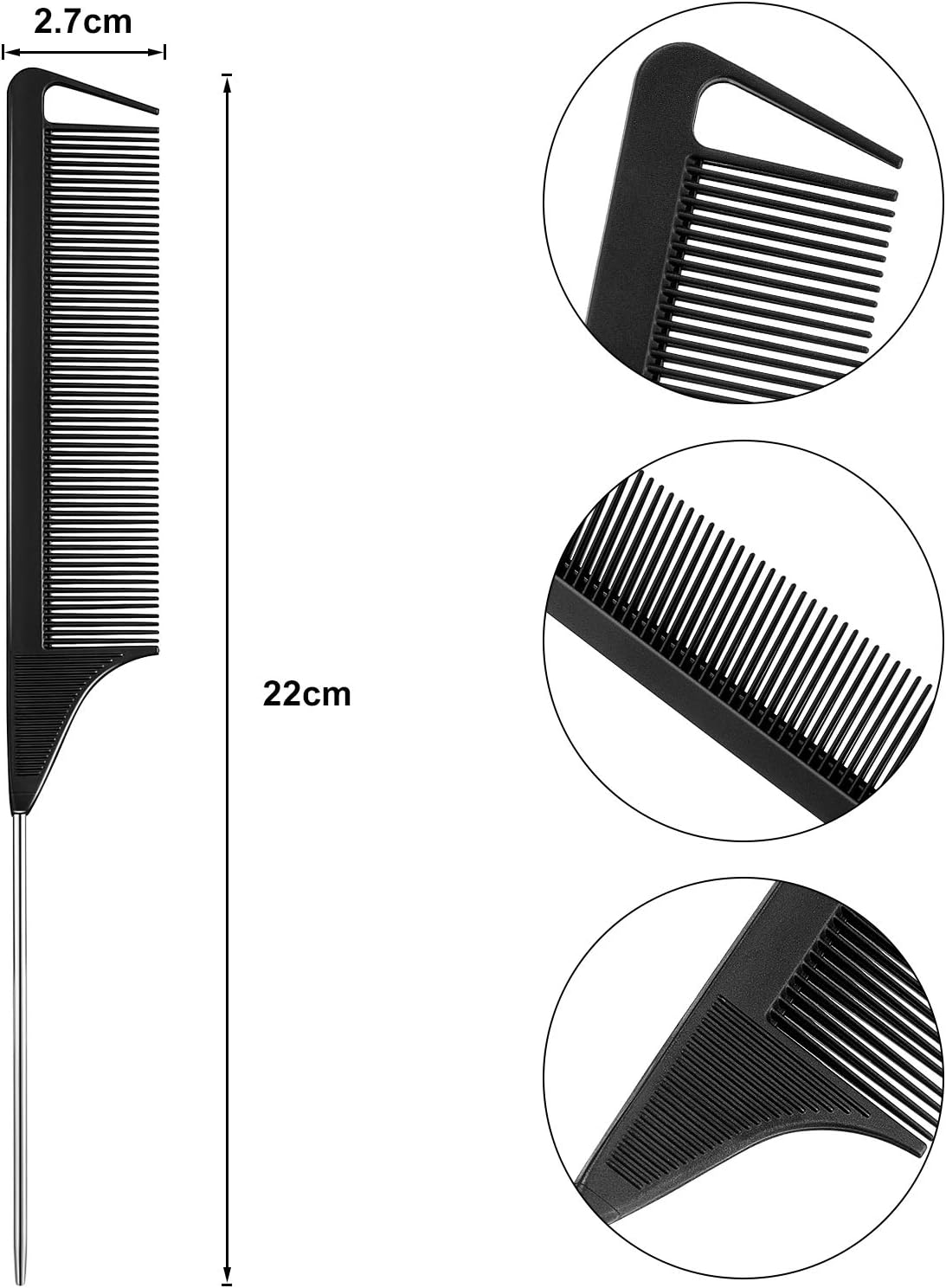 Boao 12 Packs Rat Tail Combs Black Hair Comb Stainless Steel Pin Rat Tail Carbon Fiber Heat Resistant Teasing Combs for Women Braids Hair Styling(Black) - Image 3
