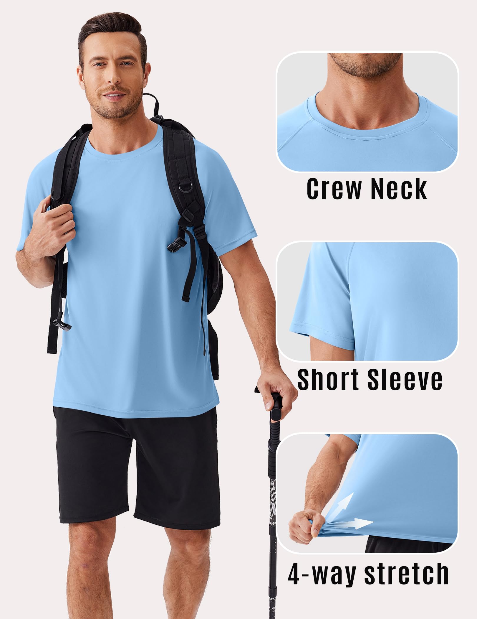 PINSPARK Tee Shirts Mens Short Sleeve Quick Dry Moisture Wicking Shirts for Men UPF 50+ Plain Novelty Cooling Casual T-Shirt S Light Blue