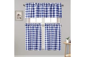 Hiasan Semi Sheer Plaid Tier and Valance Curtains Set Light Filtering Buffalo Checkered Kitchen Curtains, Royal Blue, Set of 3 Pieces, 60 W x 18 L (1 Panel) + 29 W x 36 L (2 Panels)