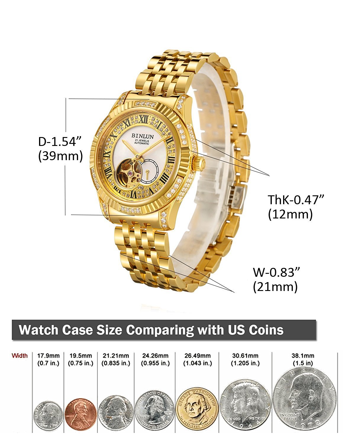 BINLUN Mens Watches Automatic Mechanical Double Sided Skeleton Gold Watch Automatic Mens Watches 18K Gold Plated Luxury Watches, Gold 9, Fashion