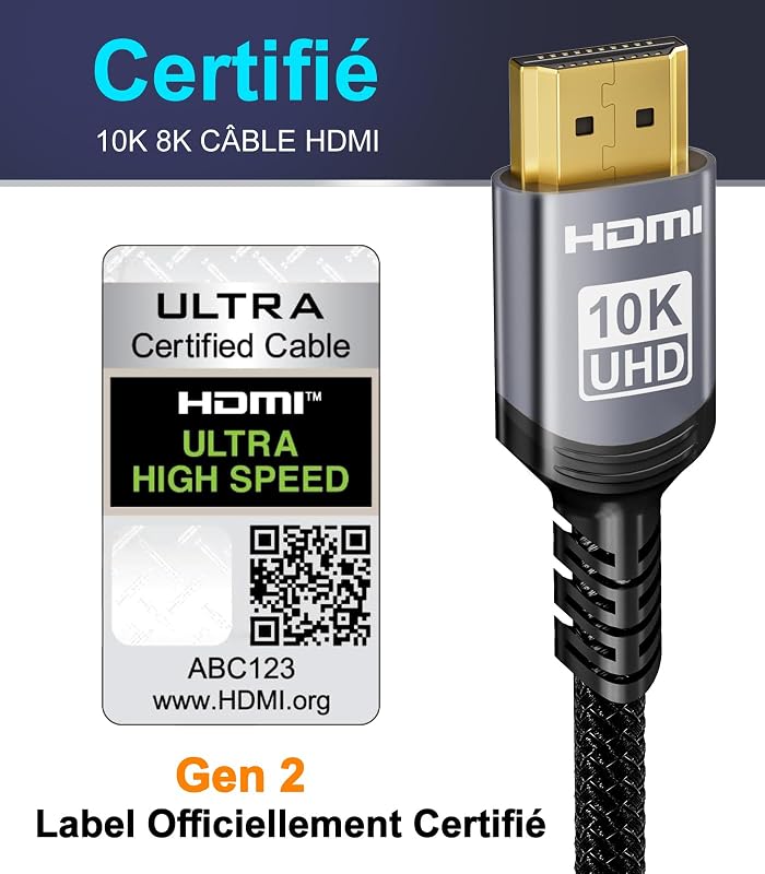 10K 8K 4K Câble HDMI 2.1 48Gbps 1M Certifié Ultra Haute Vitesse