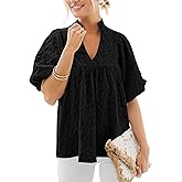 MASCOMODA Womens Summer Tops 2026 Ruffle V Neck Blouses Loose Puff Short Sleeve Jacquard Babydoll Tops Casual Dressy T-Shirts