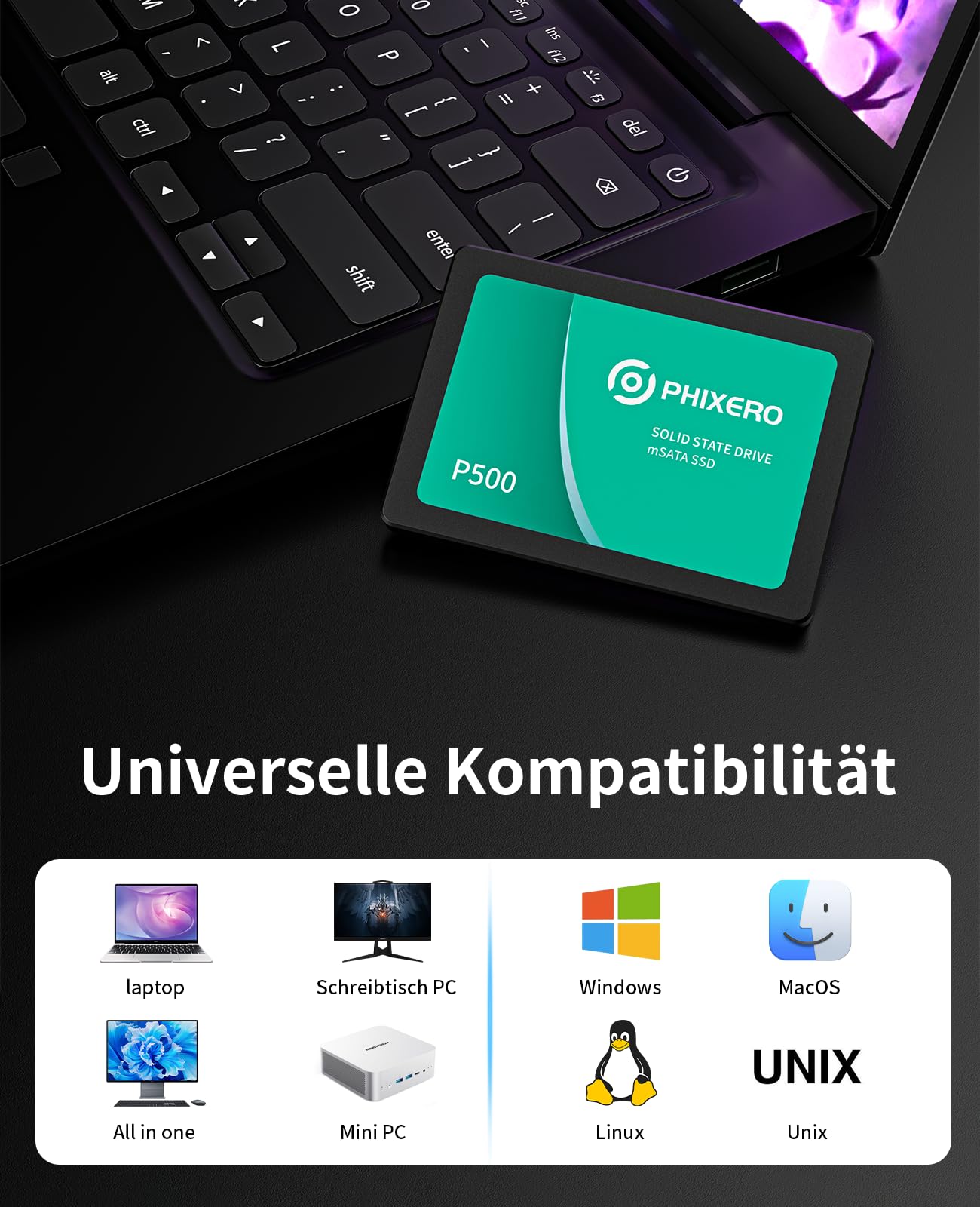 PHIXERO SSD 1TB 2.5 Zoll Interne Solid State Festplatte SATA 3 6Gb/s TLC 3D NAND & SLC Cache für Laptops/Desktop PC/Mini PC - P500 5