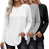 Ficerd 3 Pack Women's Long Sleeve T-Shirts Crew Neck Raglan Sleeve Casual Loose Fit Shirts Side Split Curved Hem Tunic Tops