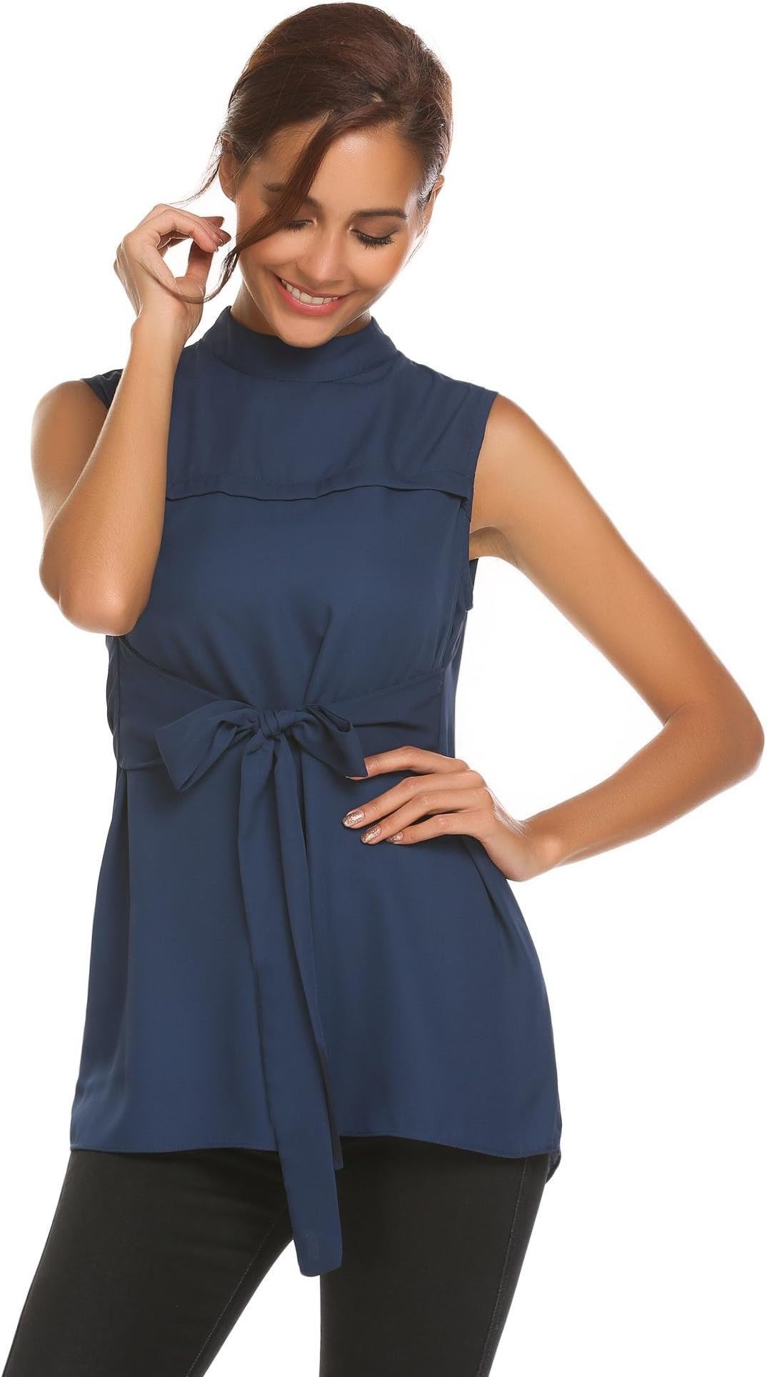 Grabsa Women’s Mock Neck Tank Sleeveless Chiffon Blouse Layered Top with Belt