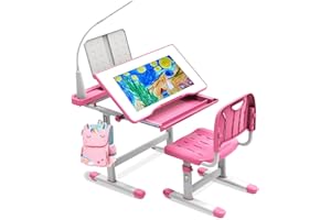 BELANITAS Kids Desk and Chair Set with 40 Degree Tiltable Desktop,Kids School Desk for Kids with Storage Drawer, 3 Mode Light Multi Functional Kids Study Desk Go Back School Gift, Pink